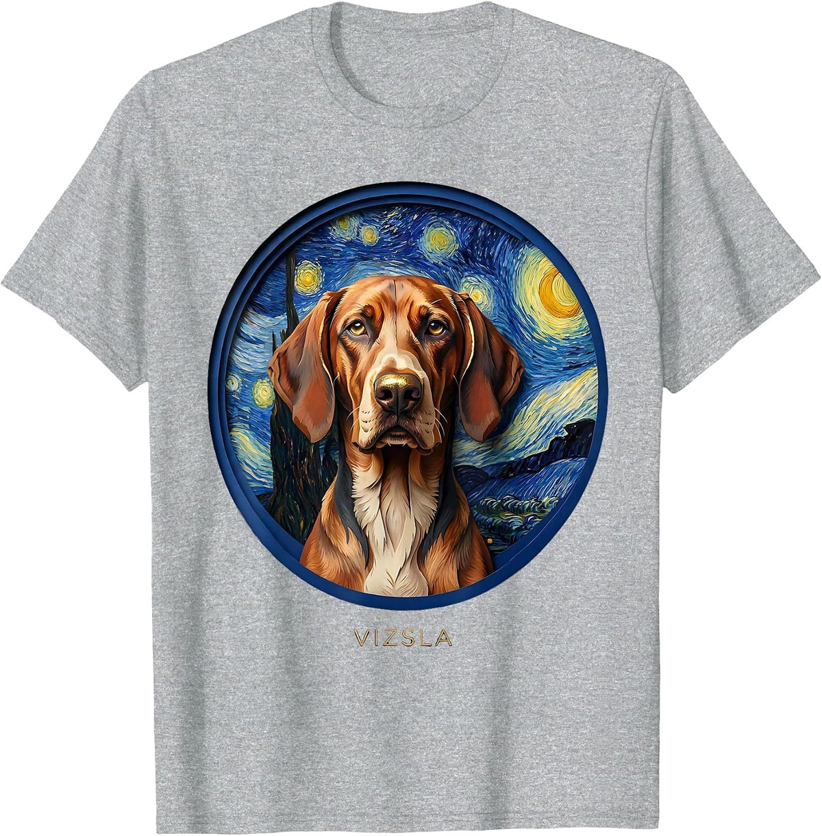 Men's Vizsla Paper Cutout Van Gogh Starry Night Dog Portrait T-Shirt - Heather Grey