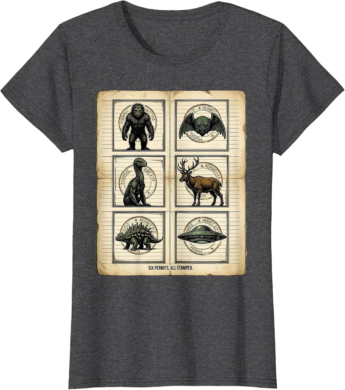 Women's Six Permits, All Stamped Vintage Cryptid Humor Cryptozoology T-Shirt - Dark Heather Grey