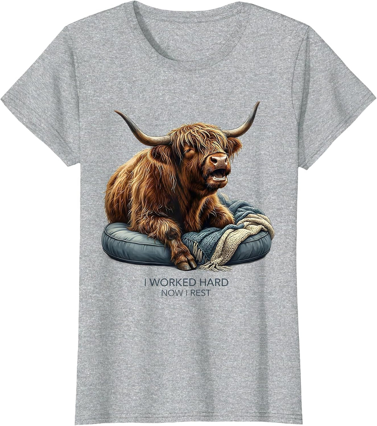 Women's I Worked Hard, Now I Rest Warm Highland Cow Cozy Novelty T-Shirt - Heather Grey