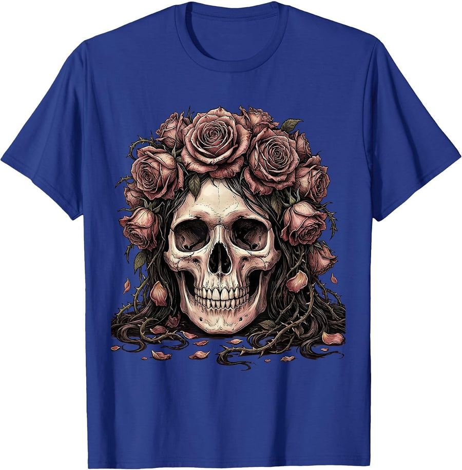 Skull Crowned With Wilting Black Roses Emo Design T-Shirt - Royal Blue