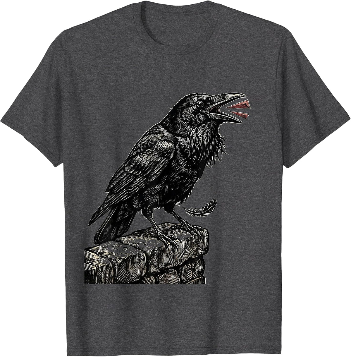 Crow on Stone Marker Woodcut Engraving Dark Humor T-Shirt - Dark Heather Grey