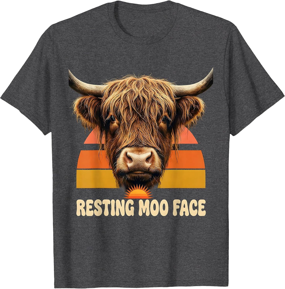 Men's Resting Moo Face Retro 70s Funny Highland Cow Farm Animal T-Shirt - Dark Heather Grey