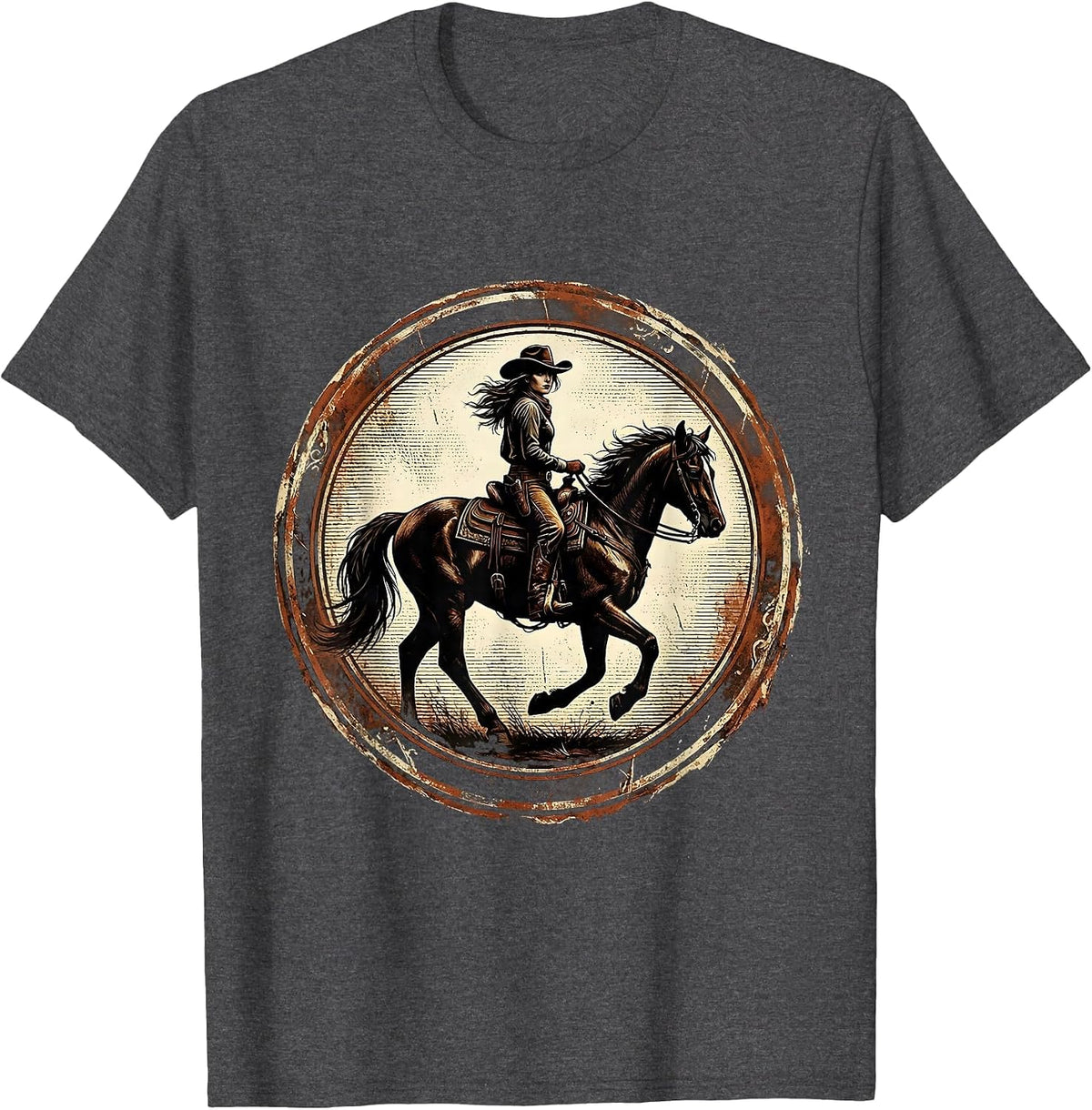 Cowgirl Glance Back Horseback Riding Graphic T-Shirt - Dark Heather Grey