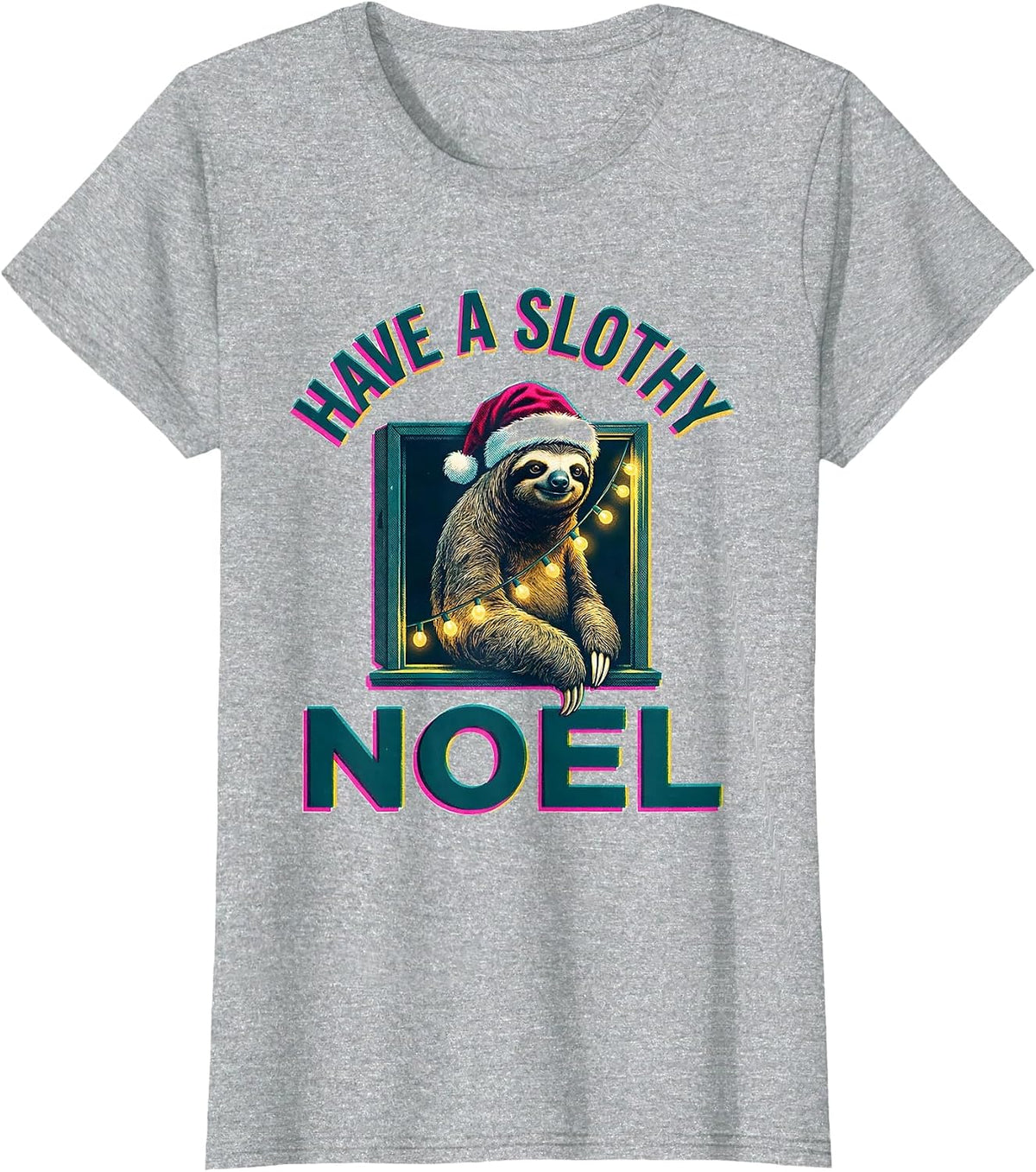 Women's Have a Slothy Noel Funny Sloth Christmas Lights Santa Hat T-Shirt - Heather Grey