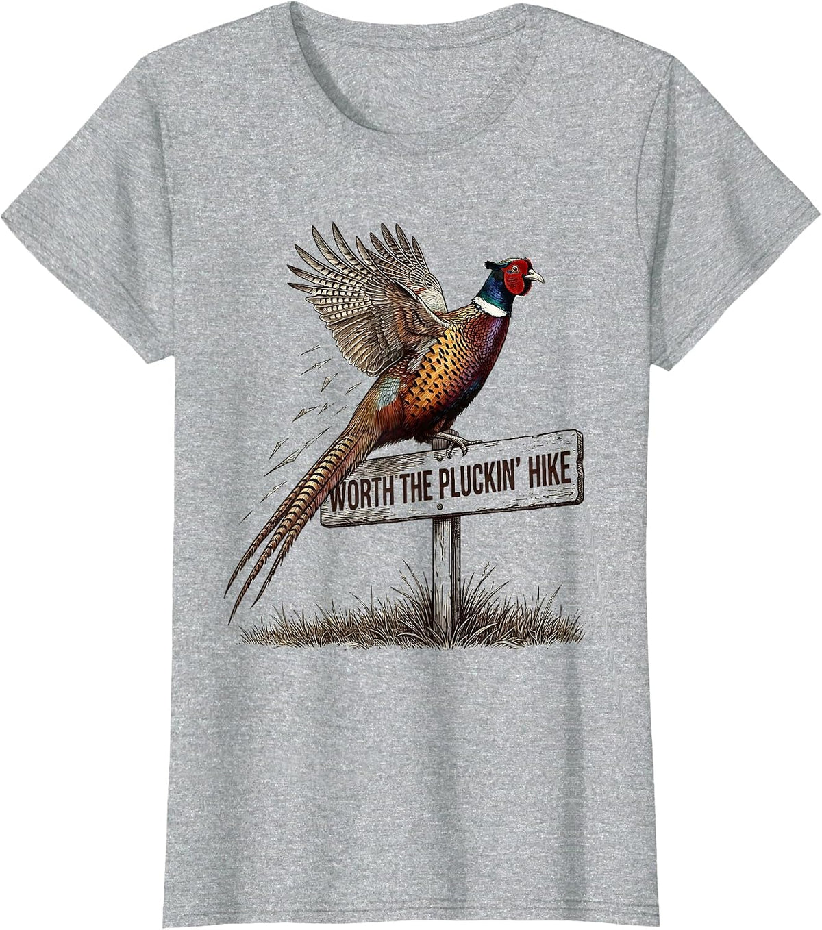 Worth The Pluckin' Hike Crosshatch Etching Pheasant Hunter T-Shirt - Heather Grey