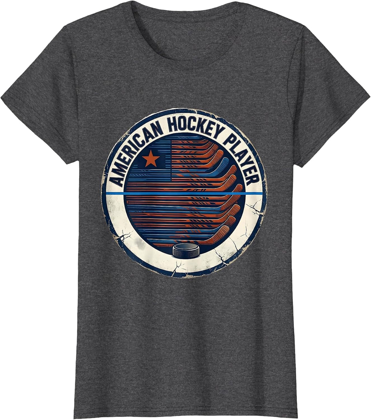 Women's American Hockey Player Distressed Ice Hockey Patriotic Fan T-Shirt - Dark Heather Grey