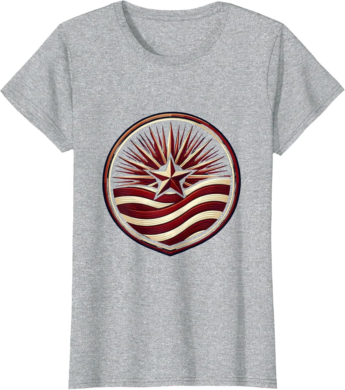 Women's Red White and Blue Sunburst Waving Flag Stripes T-Shirt - Heather Grey