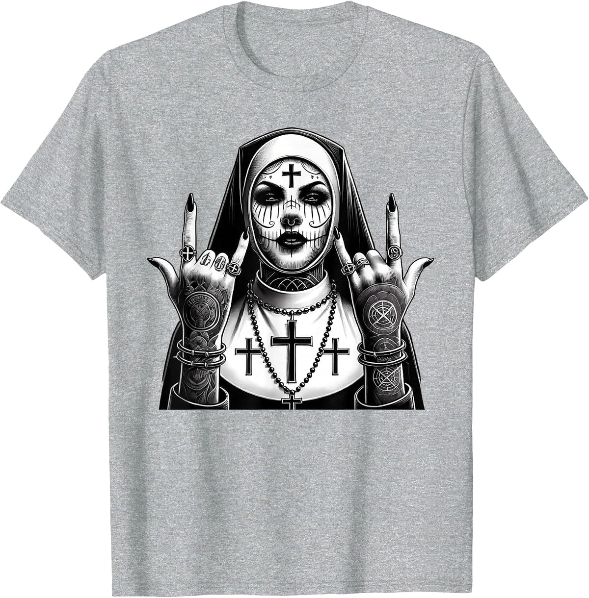 Gothic Aesthetic Occult Unholy Grunge Emo Punk Satanic Nun T-Shirt - Heather Grey