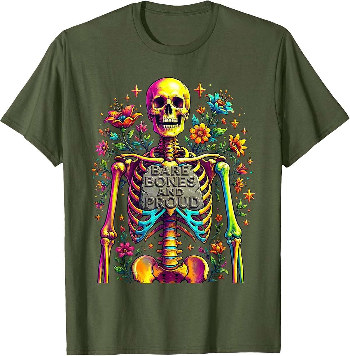 Bare Bones and Proud Skeleton Graphic Design T-Shirt - Olive Green