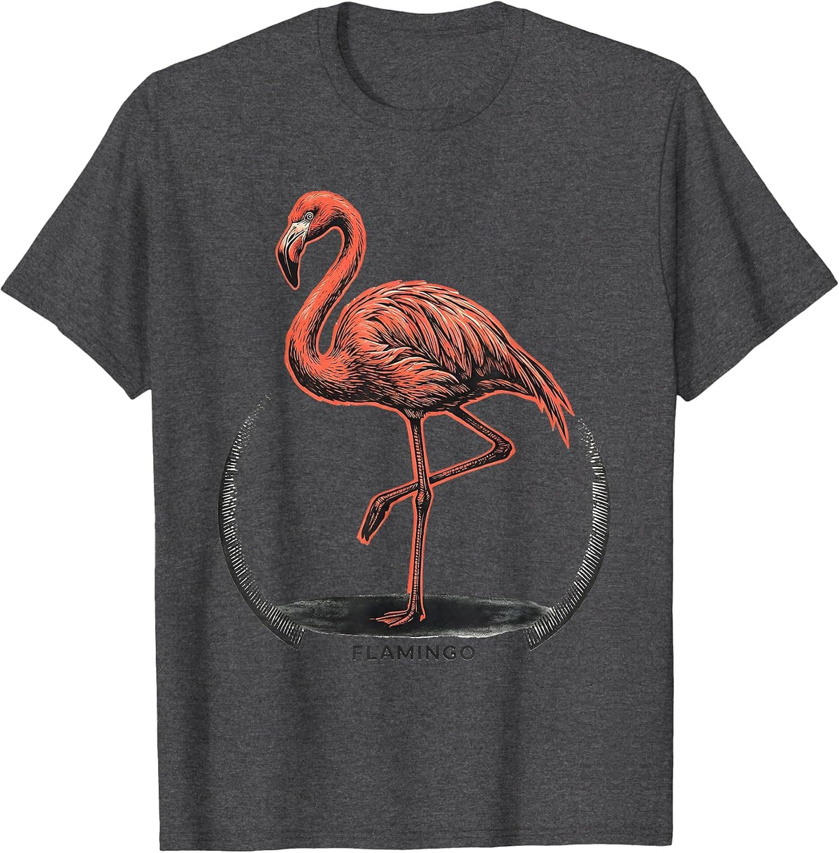 Men's FLAMINGO Minimalist Line Art Animal Badge Patch T-Shirt - Dark Heather Grey