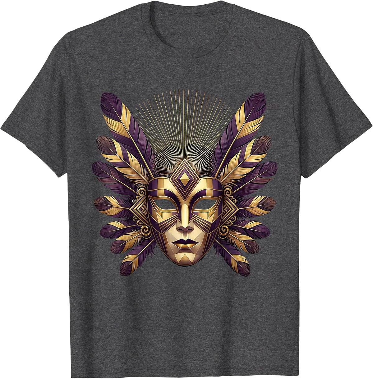 Mardi Gras Ornate Masquerade Mask Feather Plumes T-Shirt - Dark Heather Grey