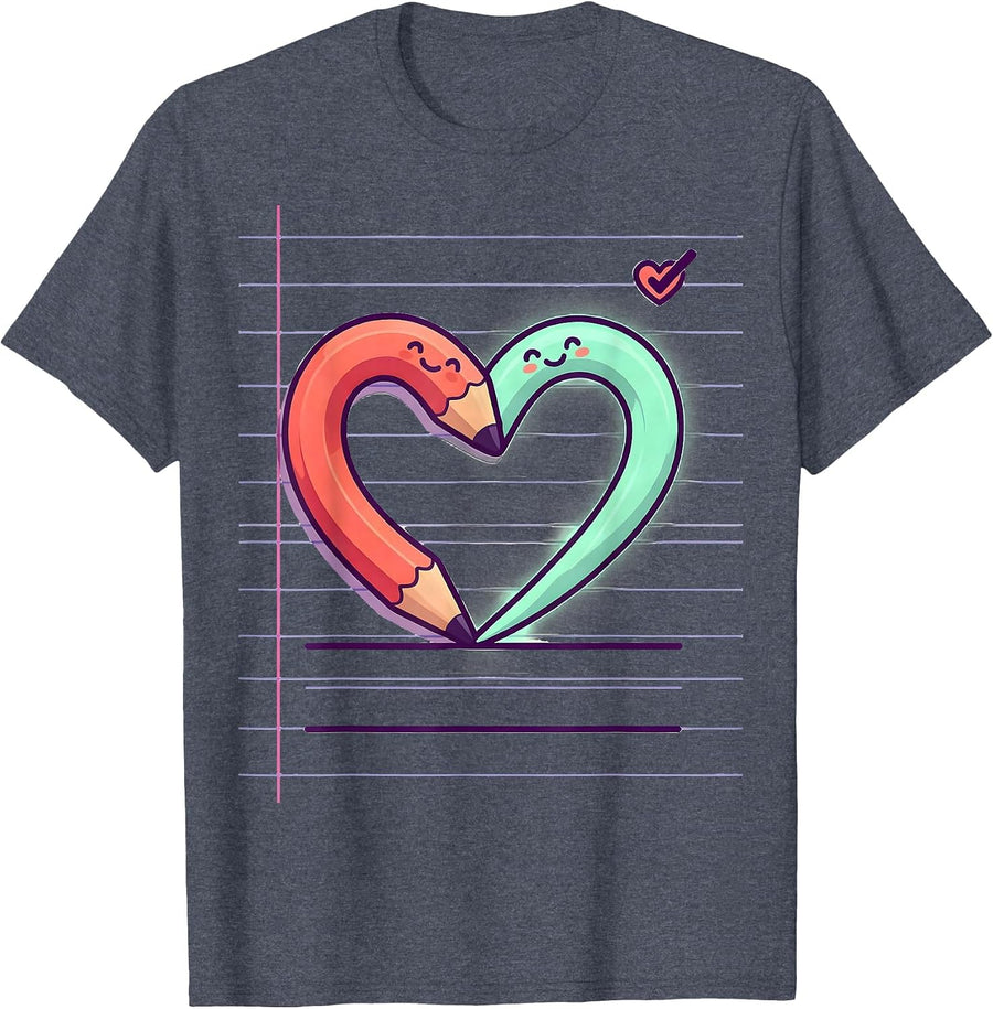 Cute Kawaii Pencil Heart Teacher Valentine Humor T-Shirt - Heather Blue