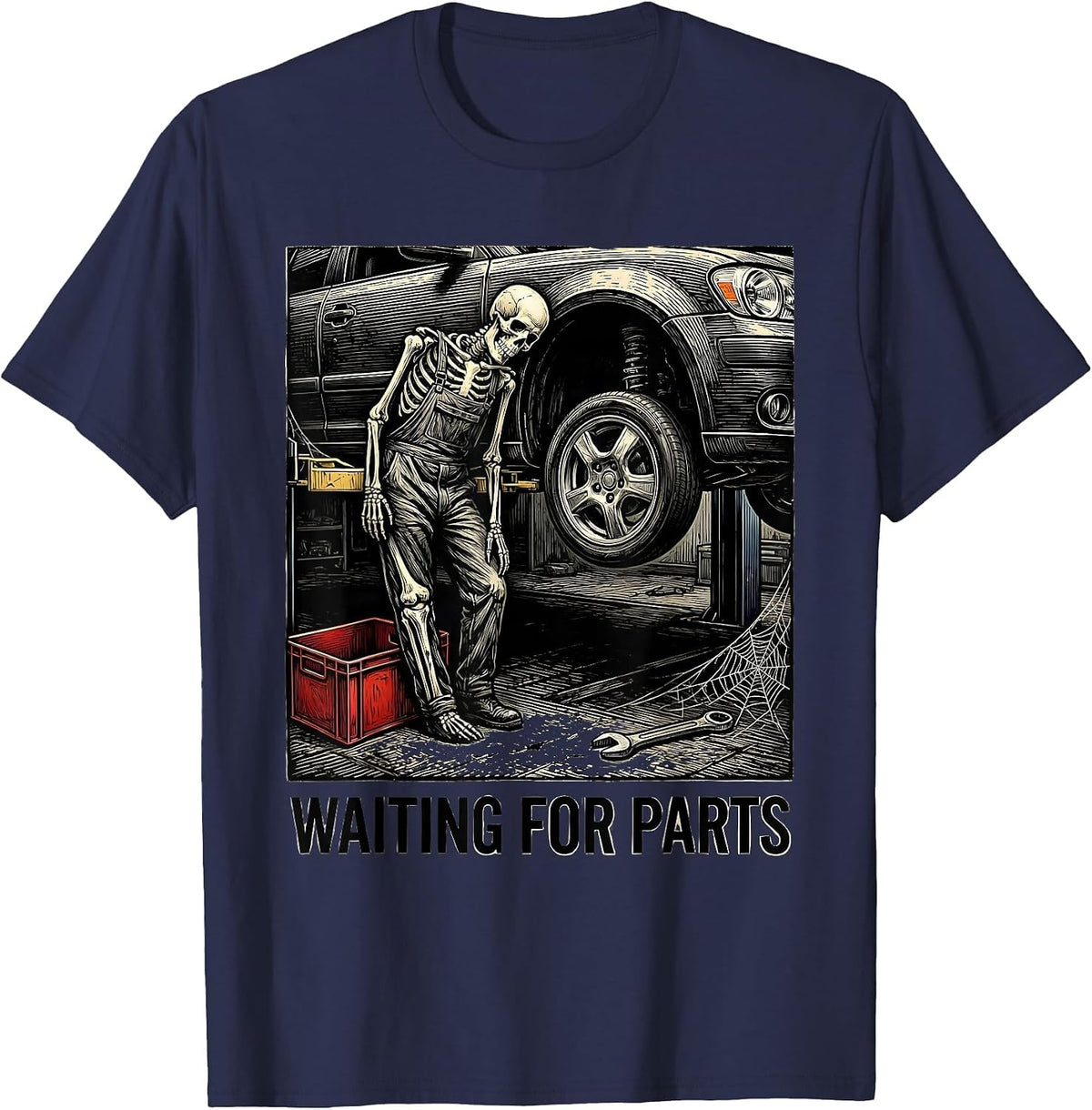 Men's Waiting For Parts Funny Mechanic Skeleton Auto Repair Humor T-Shirt - Navy Blue