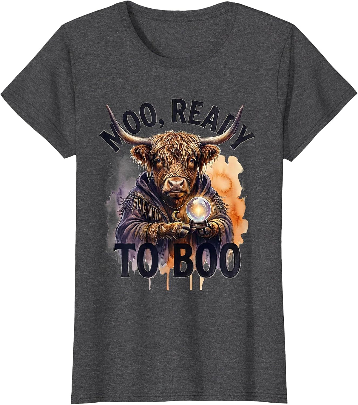 Women's Moo, Ready To Boo Watercolor Highland Cow Halloween Costume T-Shirt - Dark Heather Grey