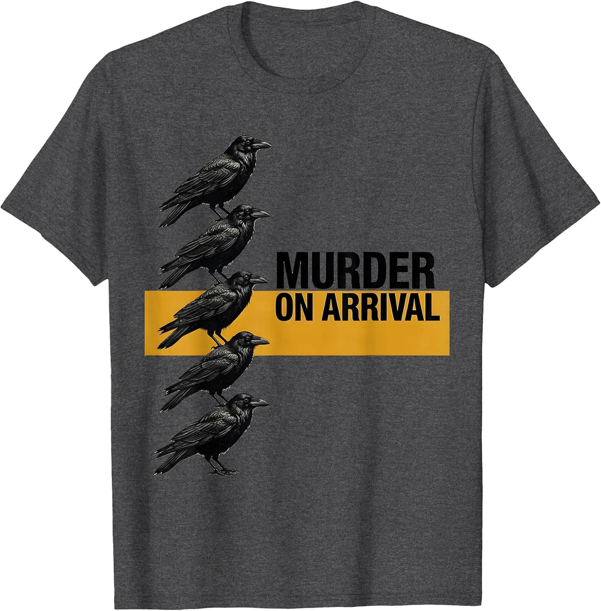 Murder On Arrival Midcentury Modern Crow Pun Bird Lover T-Shirt - Dark Heather Grey