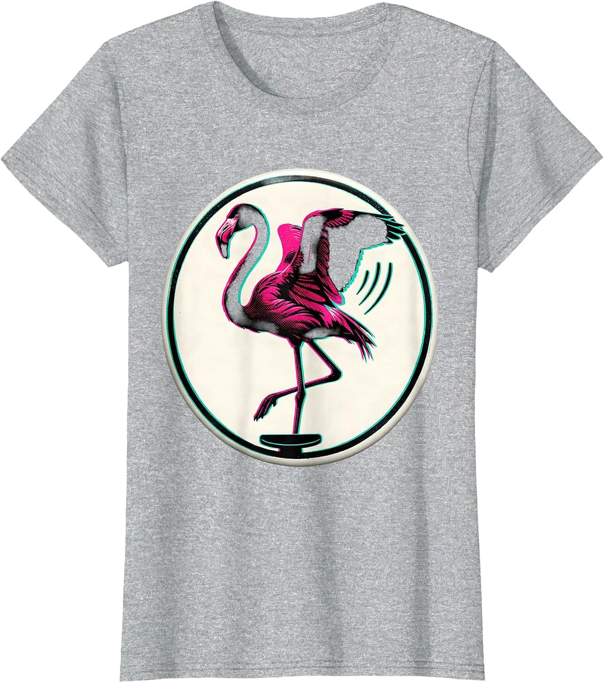 Sealed Flamingo Badge Risograph Novelty Humor T-Shirt - Heather Grey
