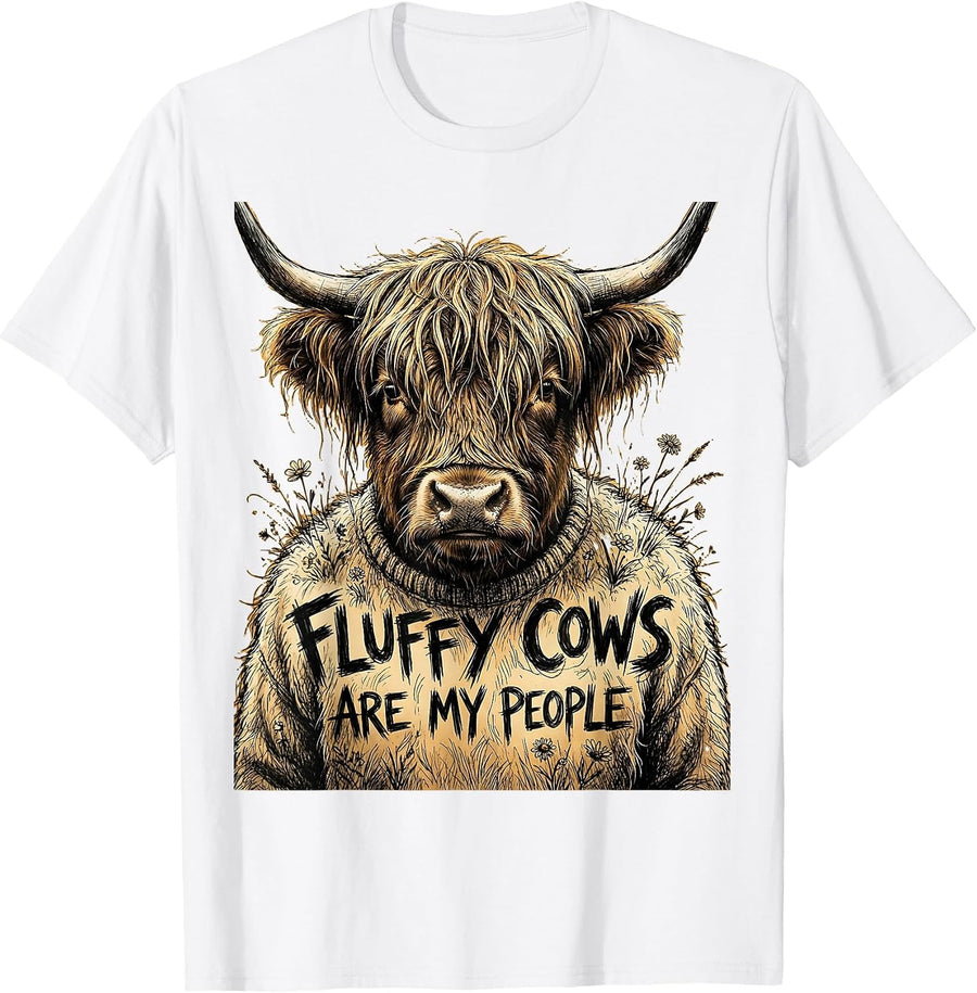 Men's Fluffy Cows Are My People Highland Cow Design T-Shirt - White