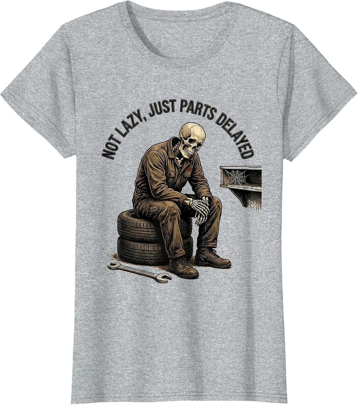 Not Lazy, Just Parts Delayed Funny Mechanic Skeleton Auto T-Shirt - Heather Grey