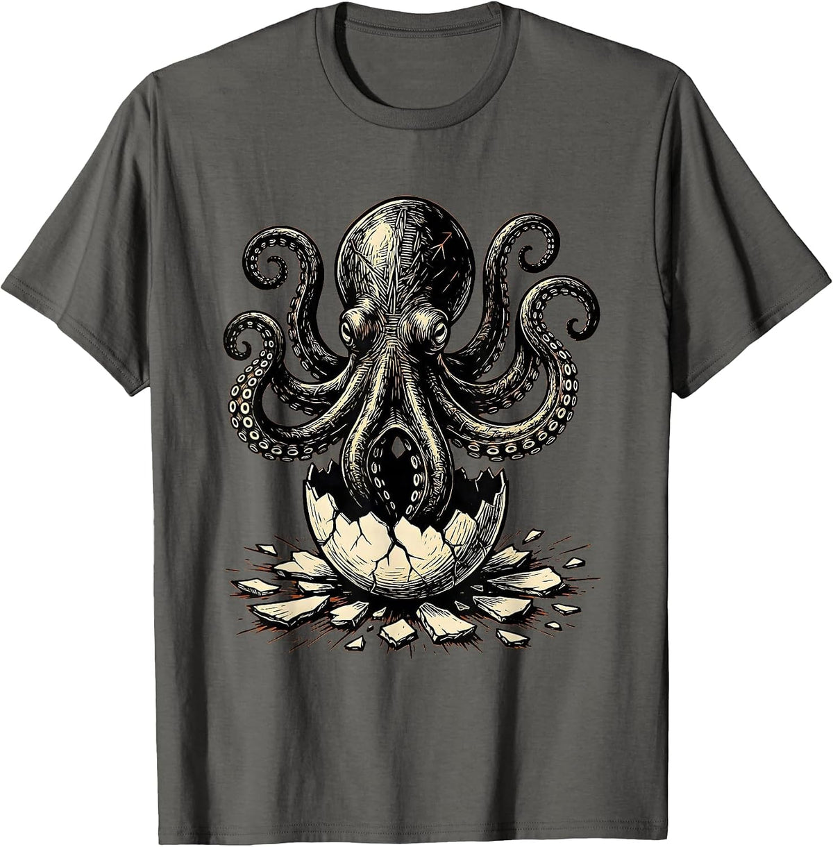 Octopus Emerging From Cracked Shell Graphic T-Shirt - Asphalt Grey