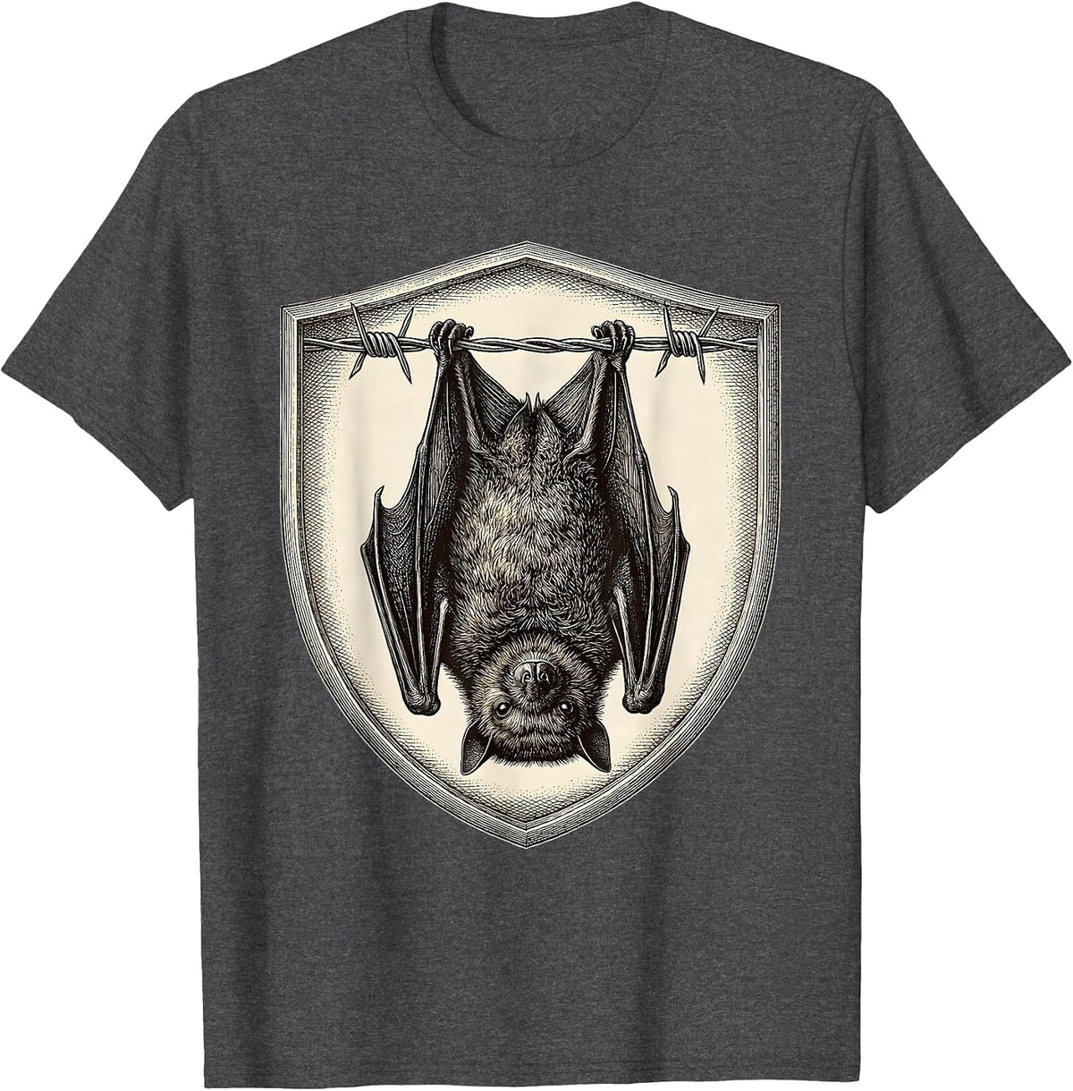 Grunge Bat on Barbed Wire Dark Art Design T-Shirt - Dark Heather Grey