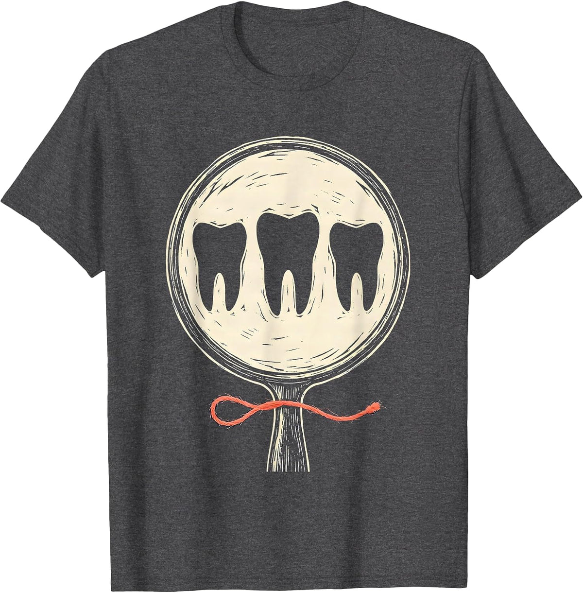 Dental Mirror Teeth Linocut Dental Squad Humor T-Shirt - Dark Heather Grey