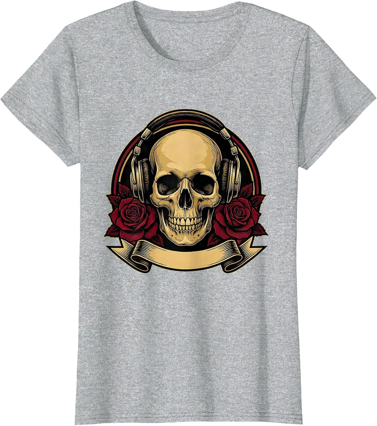 Women's Skull Vintage Headphones Rock Band Graphic T-Shirt - Heather Grey