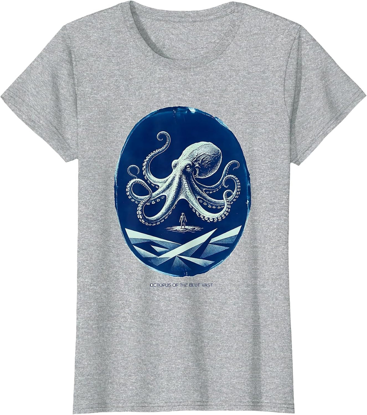 Octopus of the Blue Vast Cyanotype Ocean Animal Lover Art T-Shirt - Heather Grey