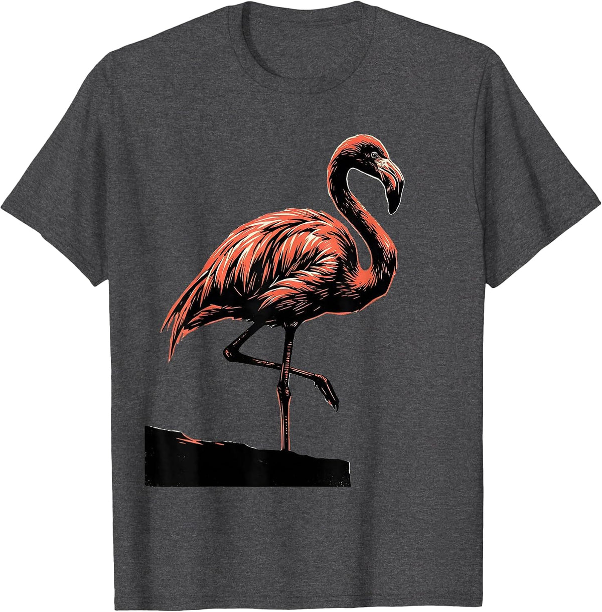 Broad Flamingo Silhouette Linocut Bird Lover Humor T-Shirt - Dark Heather Grey