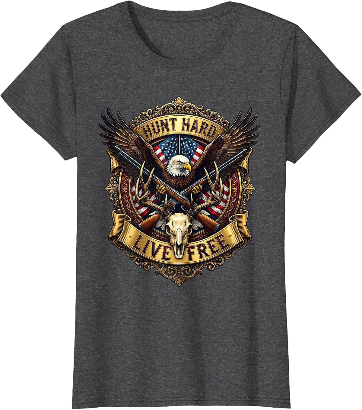 Women's Hunt Hard Live Free Outdoor Hunting Design T-Shirt - Dark Heather Grey
