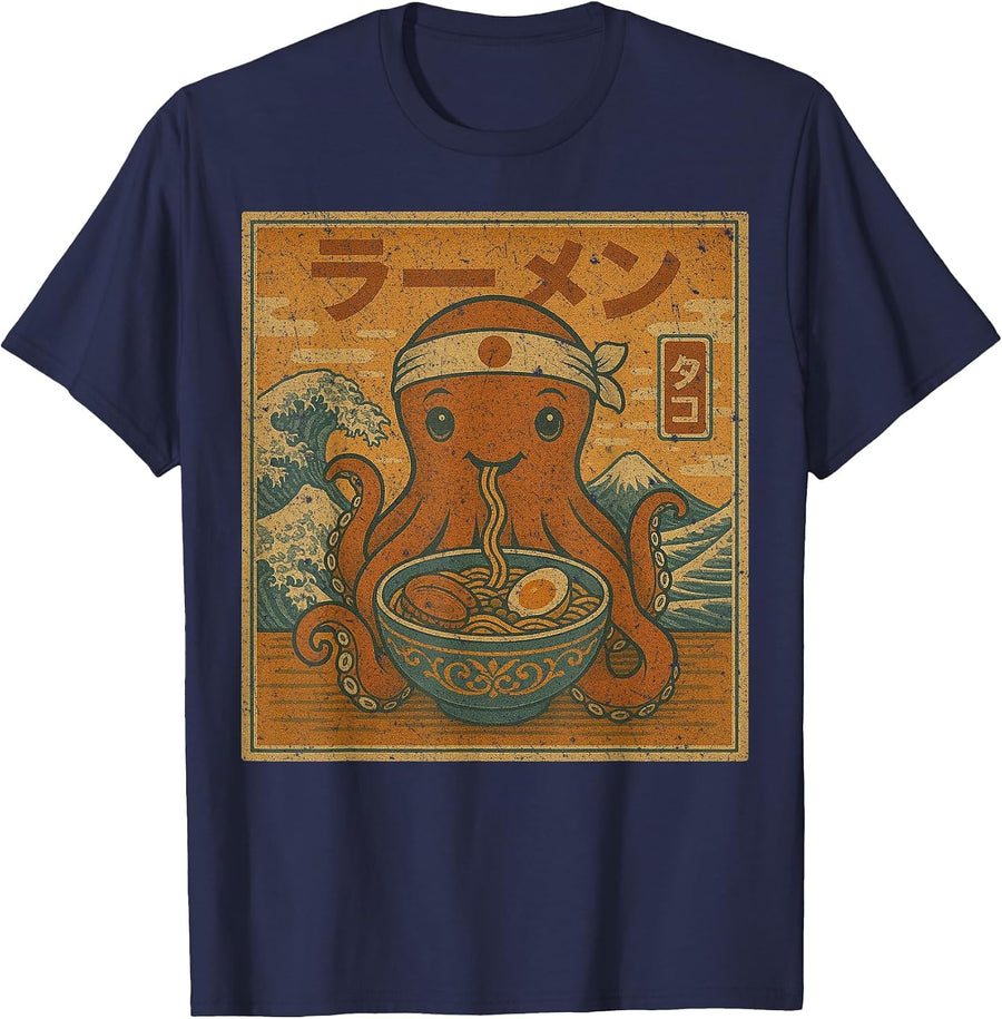 Funny Kawaii Ramen Japanese Noodles Octopus Eating Ramen T-Shirt - Navy Blue