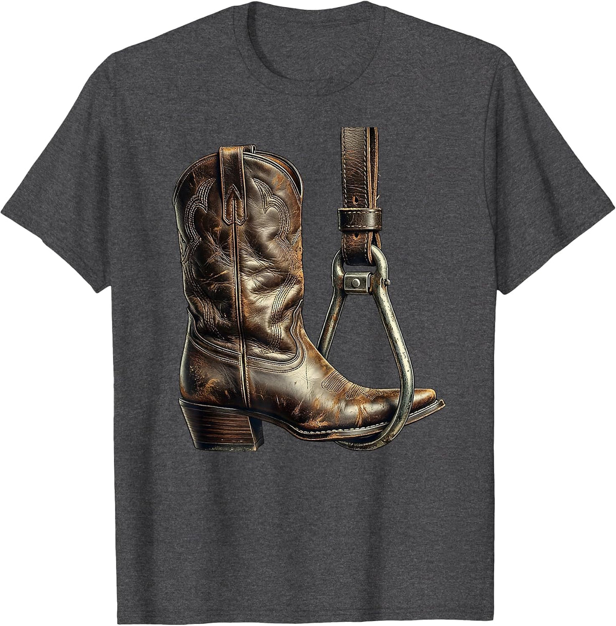 Cowgirl Boot Stirrup Western Riding Illustration T-Shirt - Dark Heather Grey