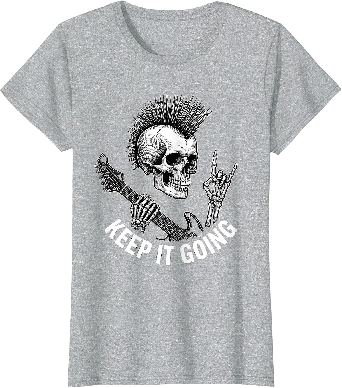 Women's Keep It Going Punk Rock Skeleton Skull Guitar Halloween T-Shirt - Heather Grey