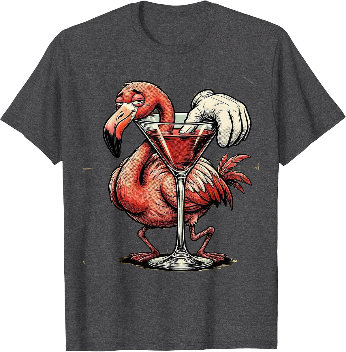 Tired Flamingo Cocktail Glass Funny Drinking T-Shirt - Dark Heather Grey