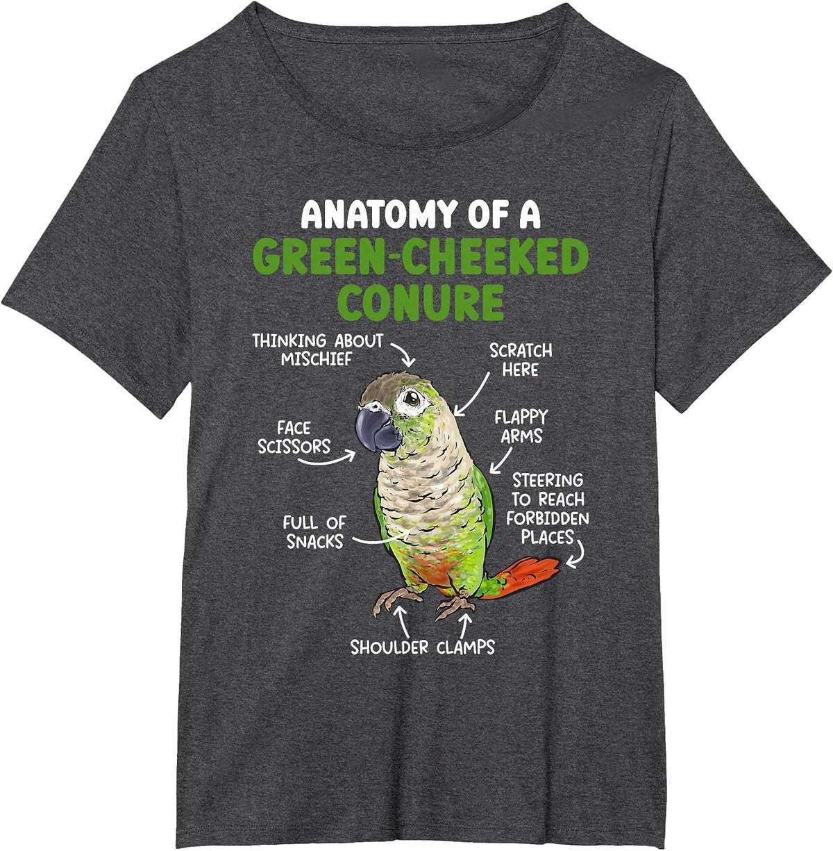 Anatomy of A Green Cheeked Conure Parrot Bird Conure T-Shirt - Dark Heather Grey