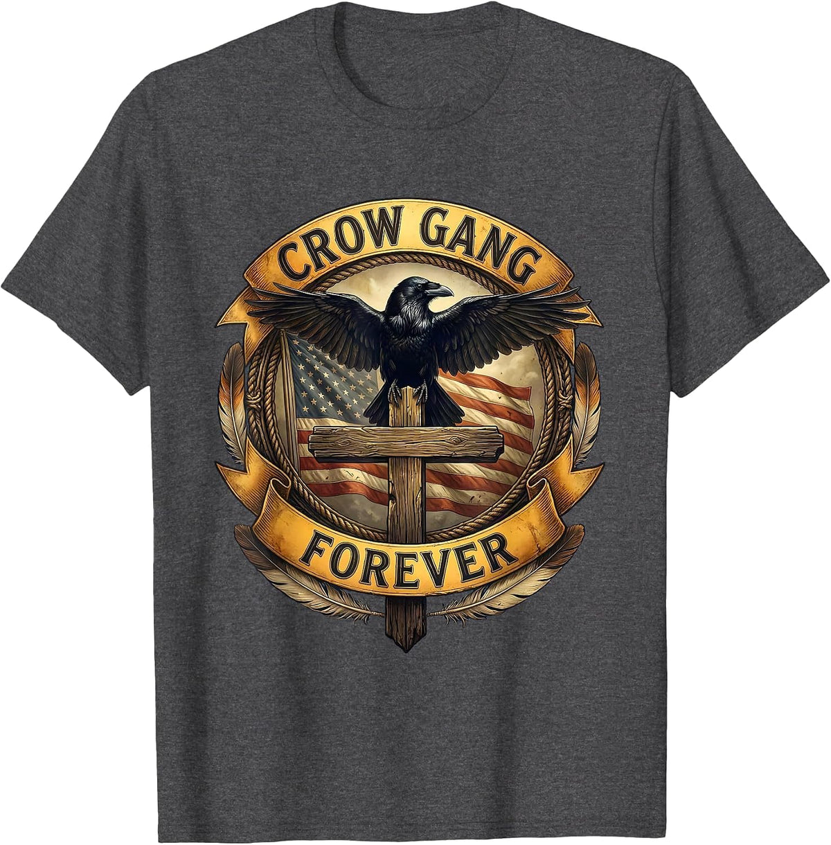 Crow Gang Forever Bold Graphic Design T-Shirt - Dark Heather Grey