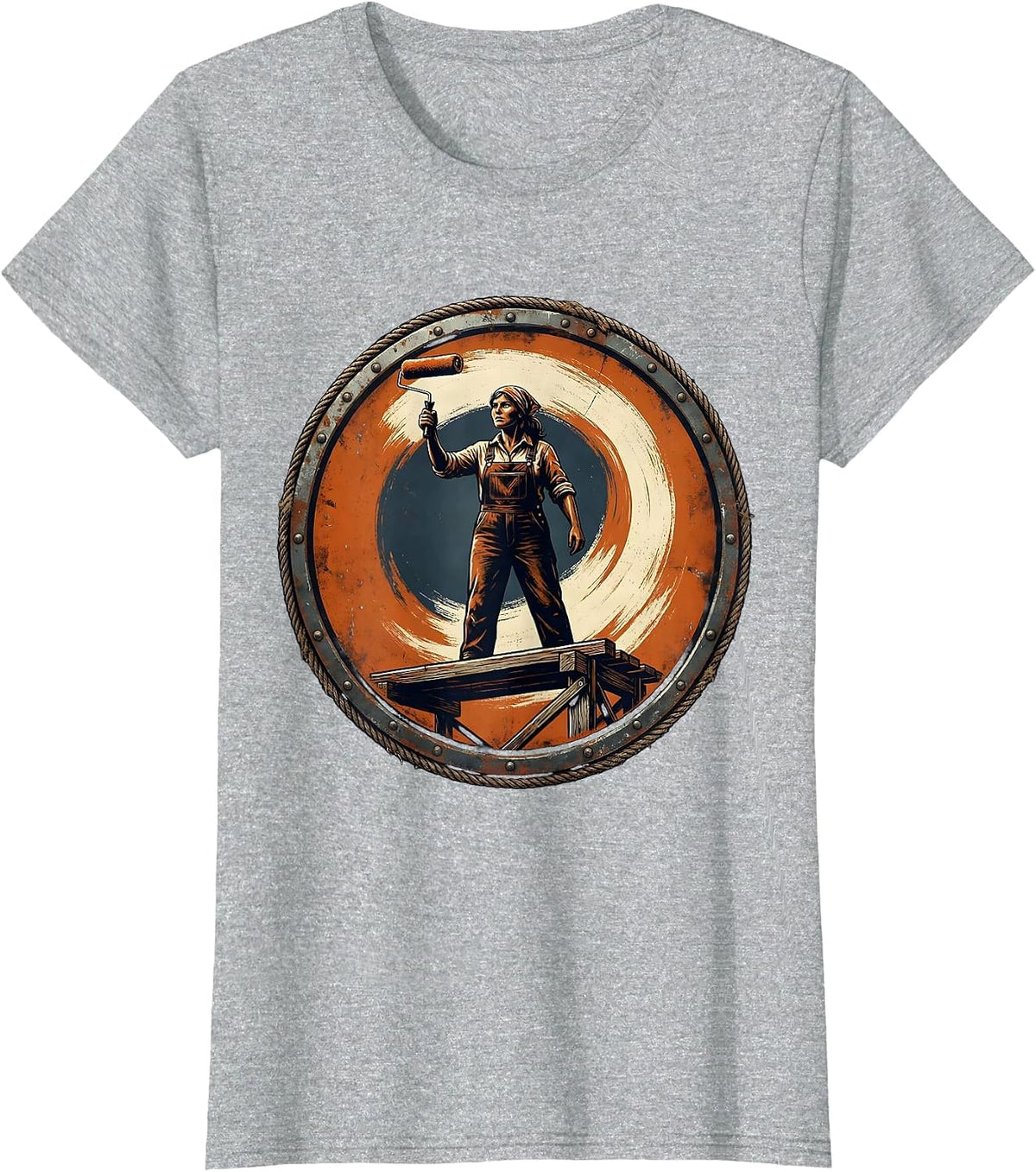 Labor Day Painter on Scaffold Wall Illustration T-Shirt - Heather Grey