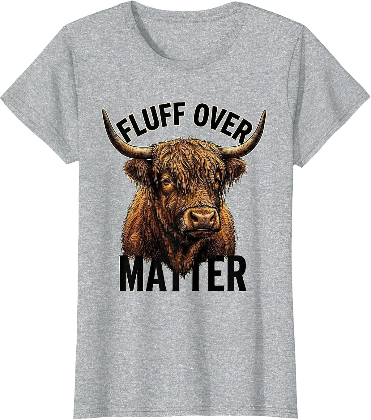 Women's Fluff Over Matter Funny Highland Cow Illustration T-Shirt - Heather Grey
