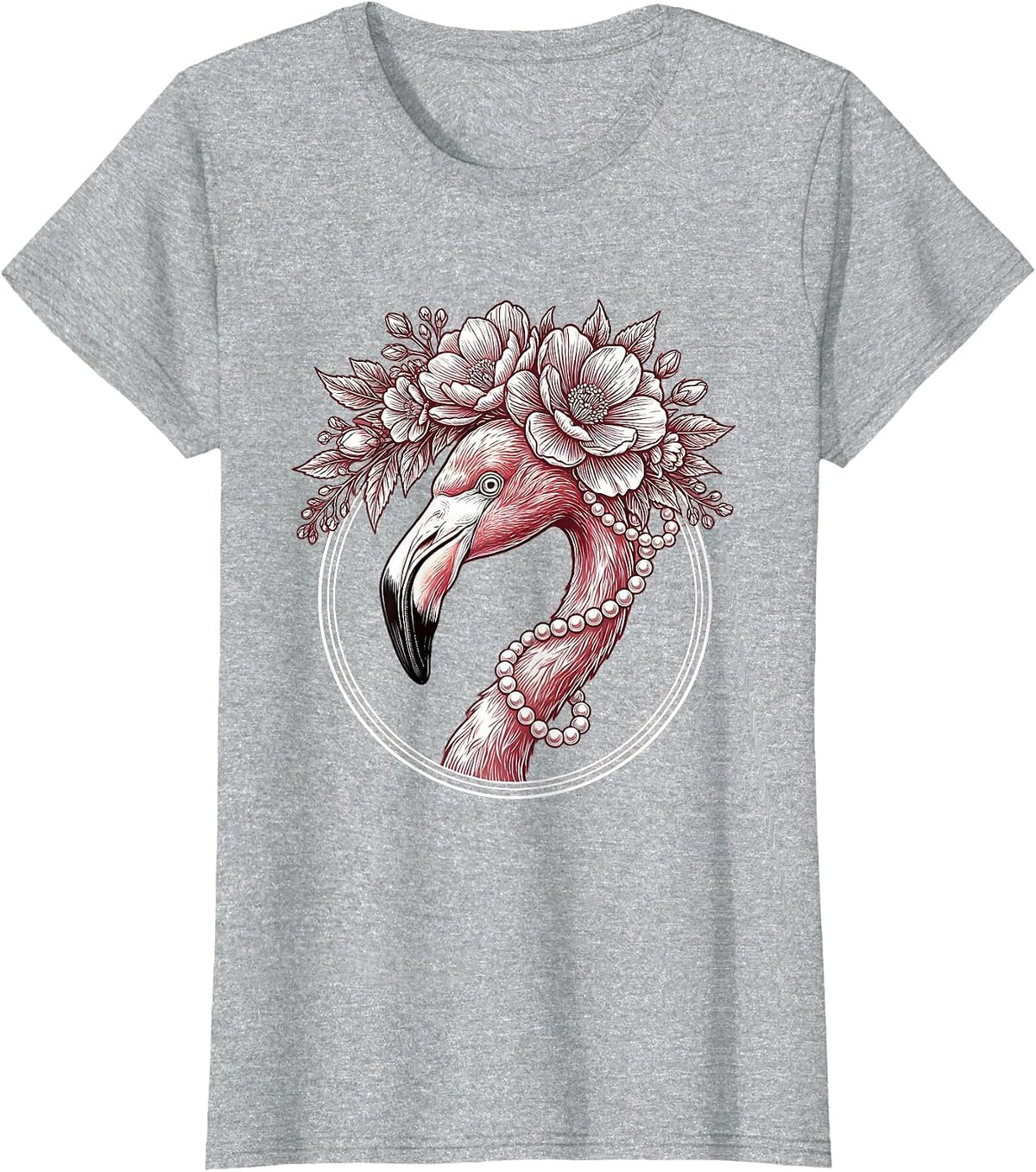 Women's Flamingo Floral Crown and Pearls Illustration T-Shirt - Heather Grey