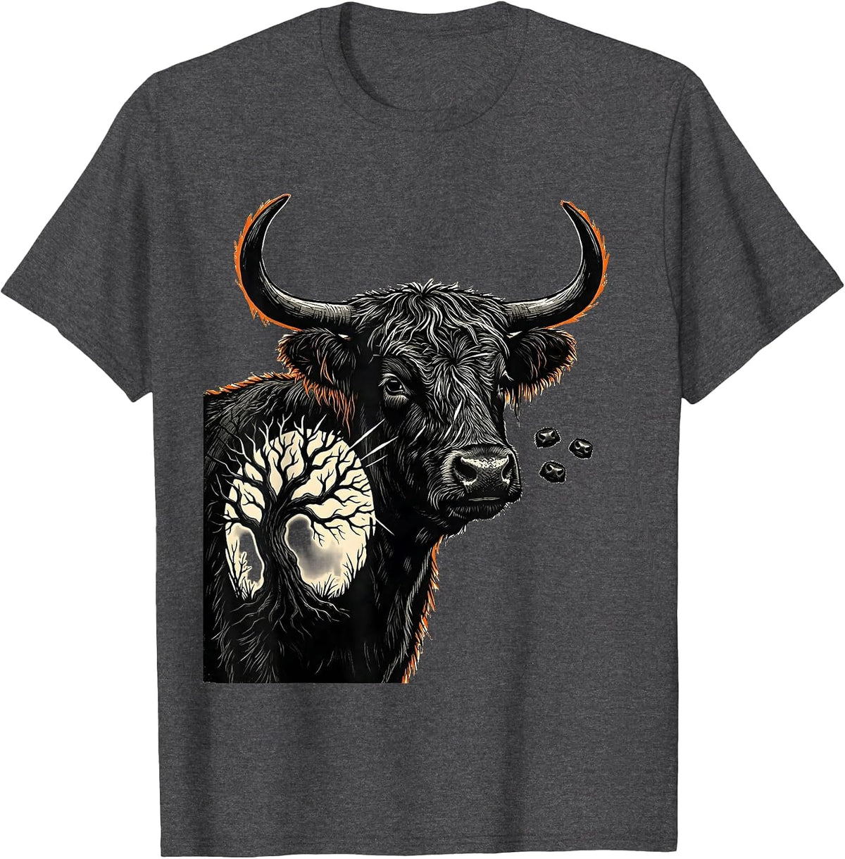 Shaggy Highland Cow Linocut Spooky Halloween Humor T-Shirt - Dark Heather Grey
