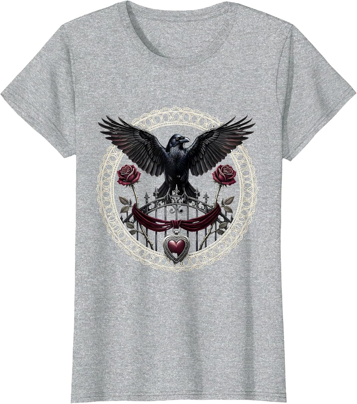 Women's Crow Flying Over Misty Graveyard Gothic Art T-Shirt - Heather Grey