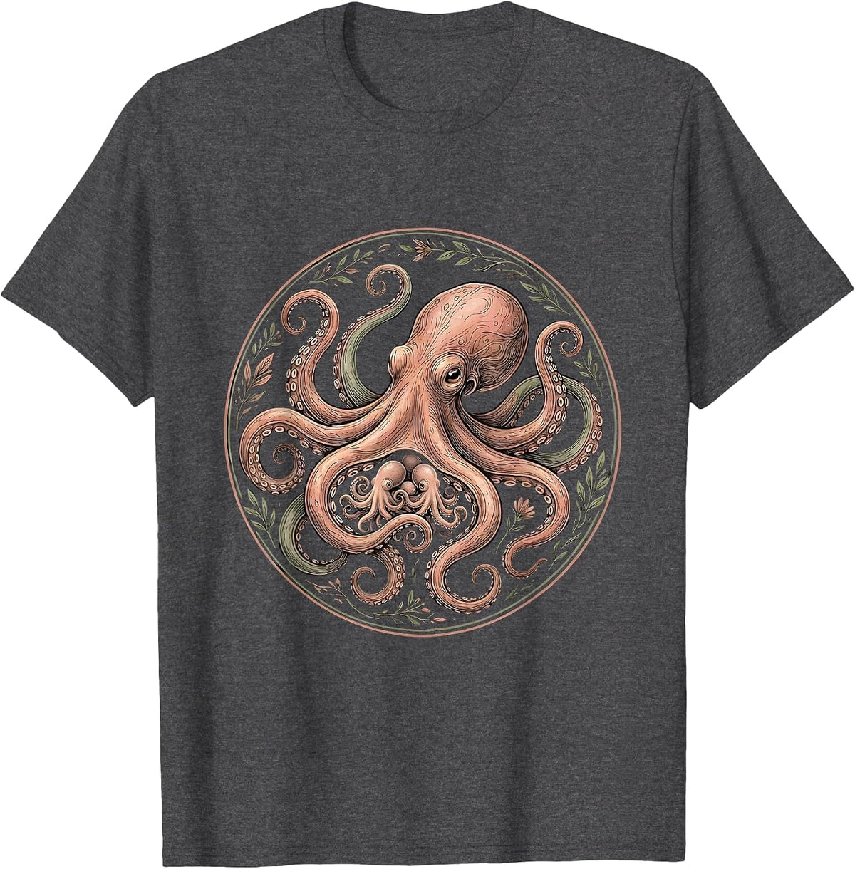 Octopus Mom and Hatchlings Cute Sea Life Design T-Shirt - Dark Heather Grey