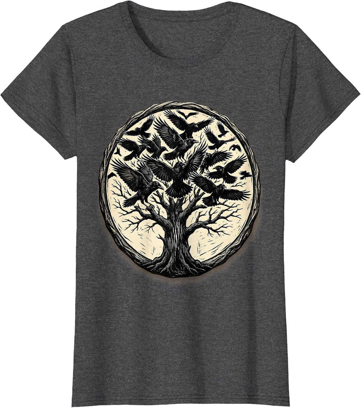 Women's Flock of Crows Bursting From Dead Tree T-Shirt - Dark Heather Grey