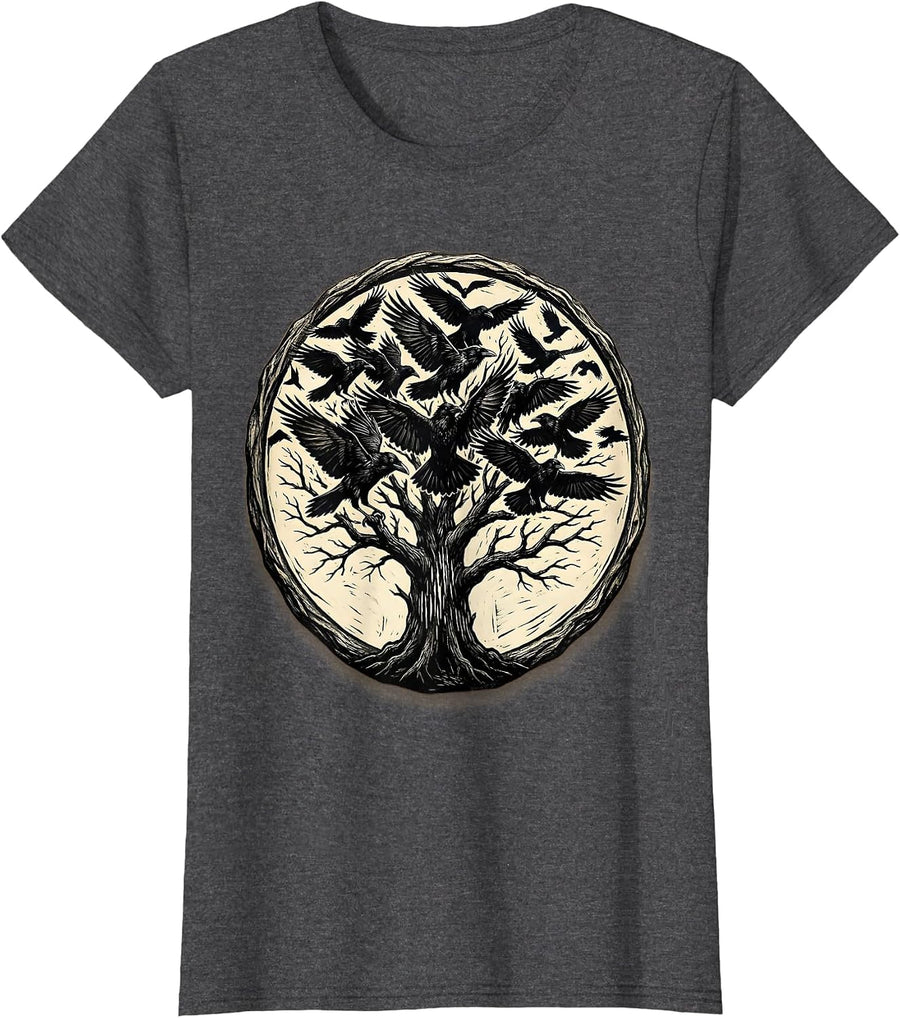 Women's Flock of Crows Bursting From Dead Tree T-Shirt - Dark Heather Grey
