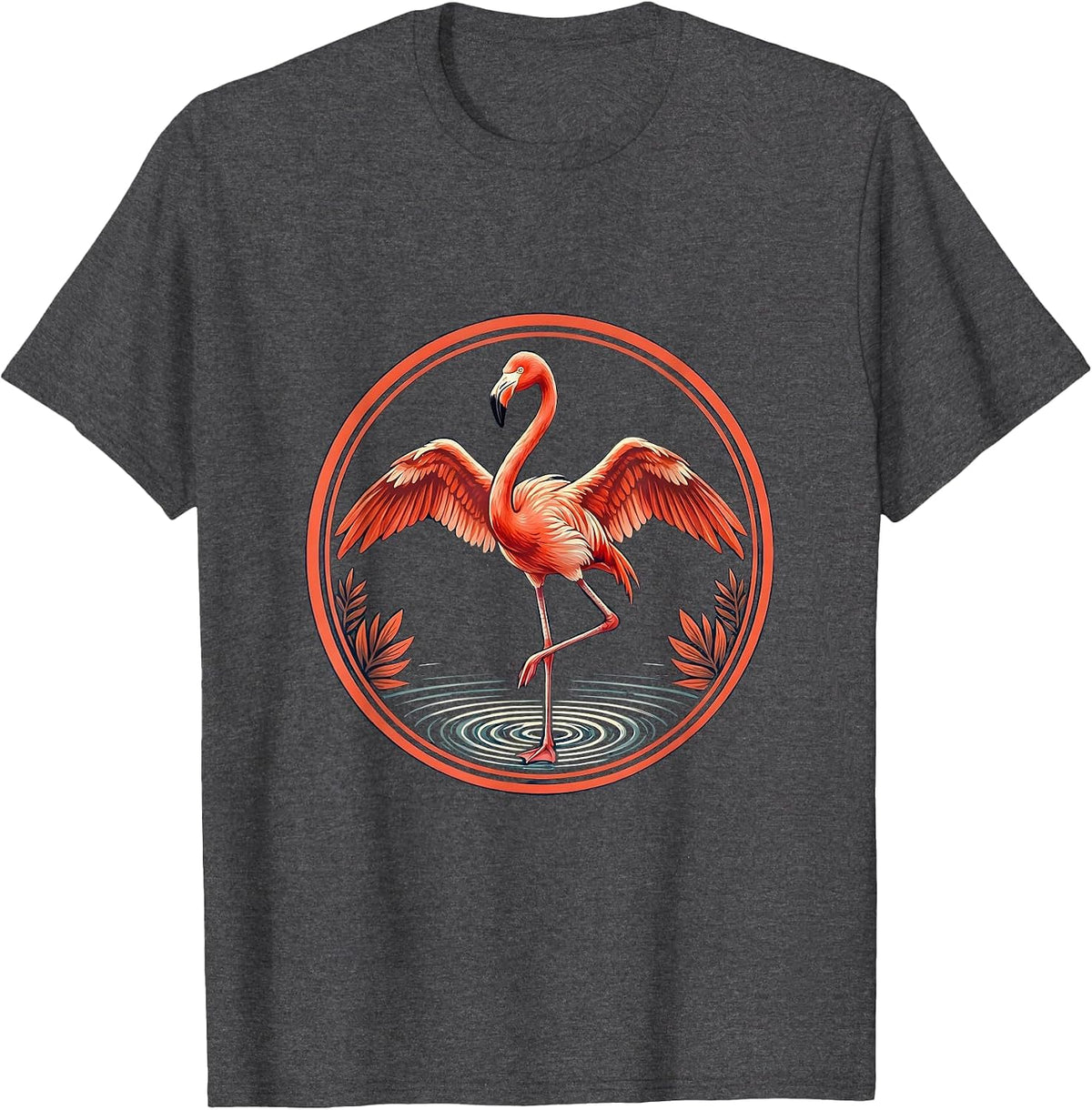 Flamingo Standing in Shallow Pink Water Illustration T-Shirt - Dark Heather Grey