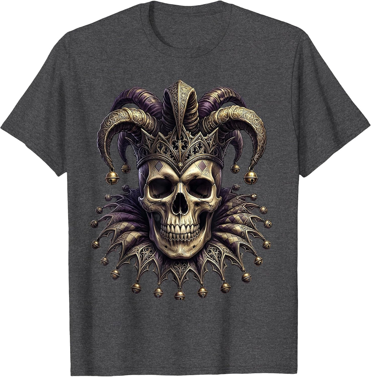 Mardi Gras Jester Skull with Bells Illustration T-Shirt - Dark Heather Grey