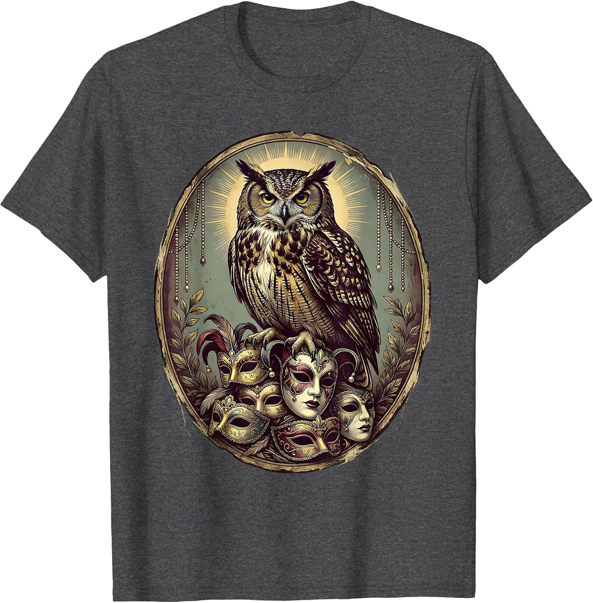 Mardi Gras Owl on a Stack of Festive Masks T-Shirt - Dark Heather Grey