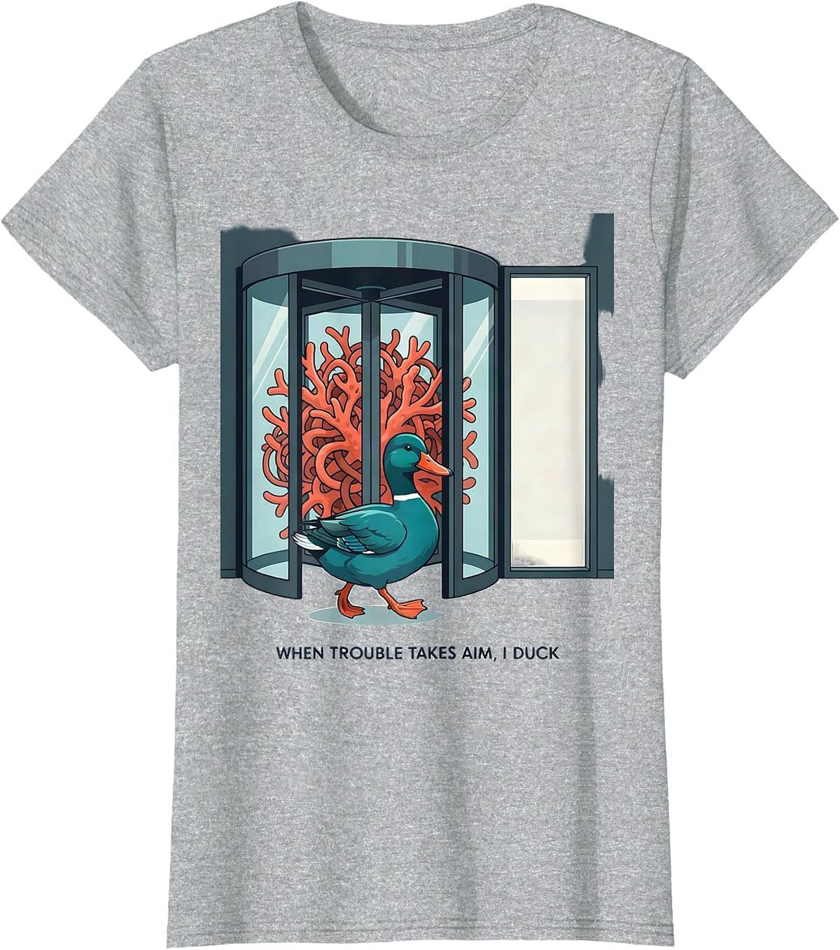 Women's When Trouble Takes Aim, I Duck Funny Duck Novelty Humor Gift T-Shirt - Heather Grey