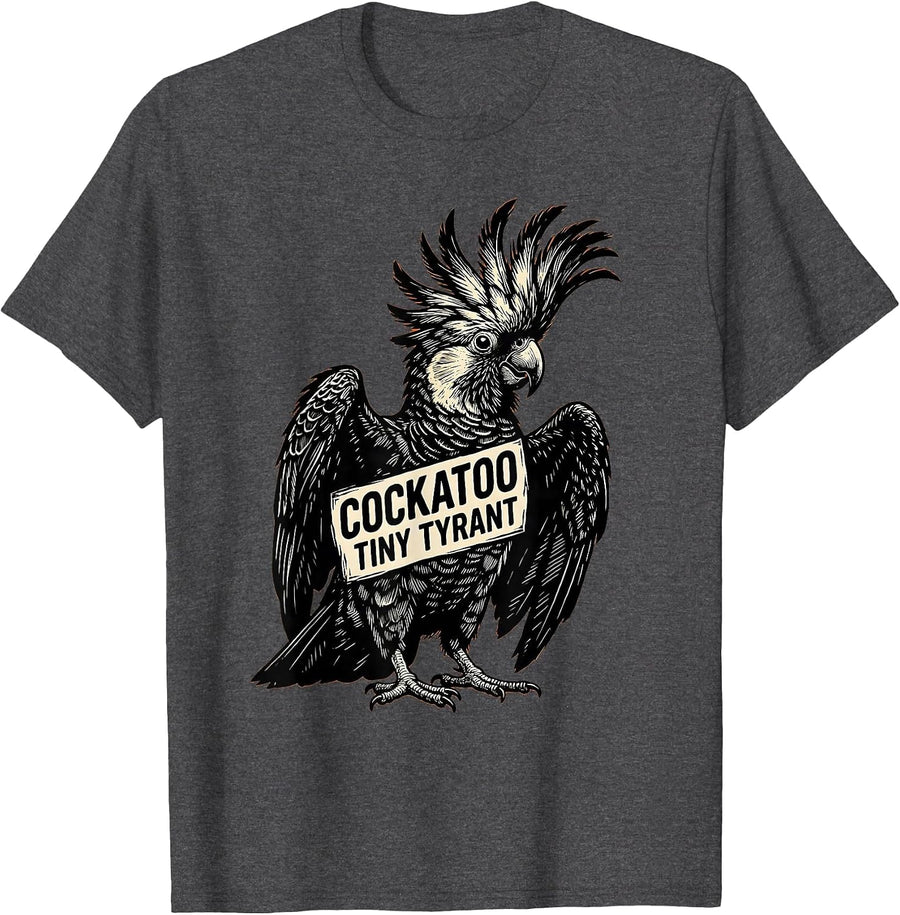 Men's Cockatoo Tiny Tyrant Linocut Bird Lover Gift T-Shirt - Dark Heather Grey
