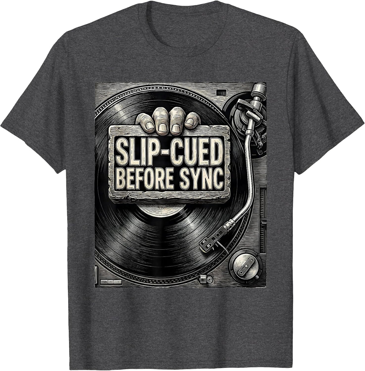 Men's Slip-Cued Before Sync Retro DJ Gift Vintage Electronic Music T-Shirt - Dark Heather Grey