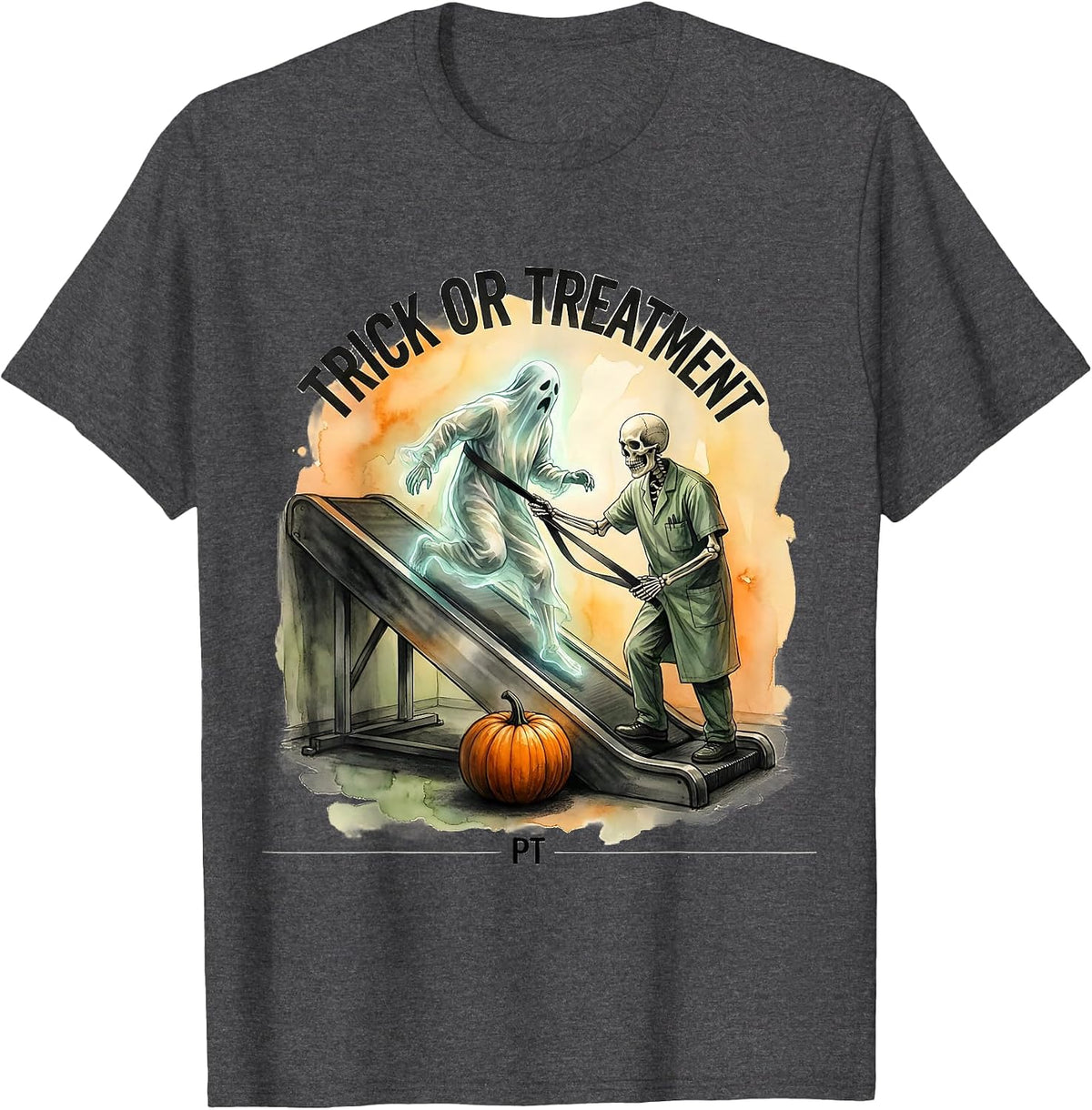 Men's Trick Or Treatment PT Watercolor Ghost Halloween Physical T-Shirt - Dark Heather Grey